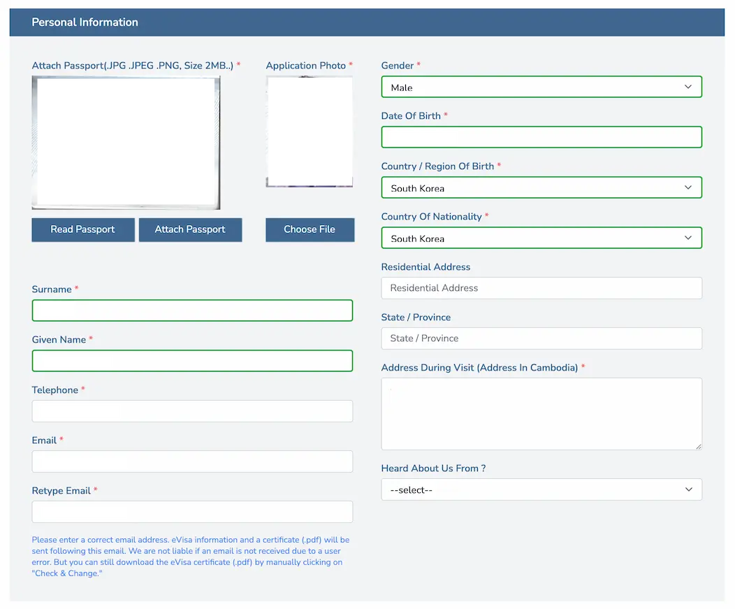 Visa application step 3 personal information