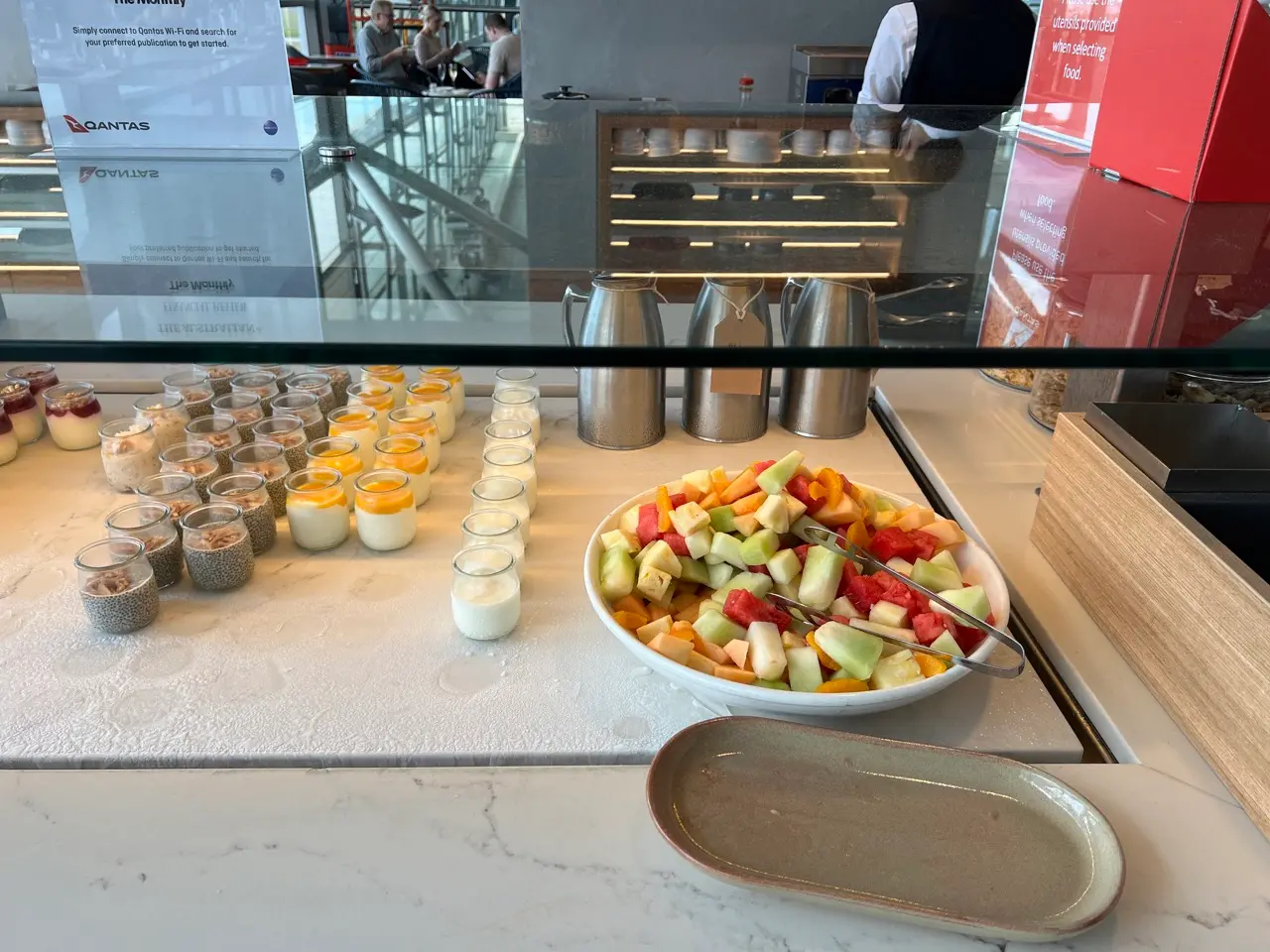 Qantas lounge yogurt and fruits