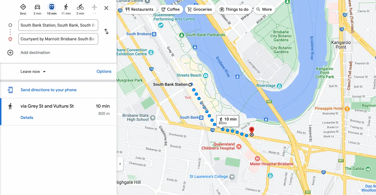 The hotel is located 10 mins away from the Southbank station