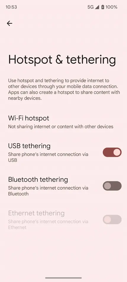 Pixel 7a tethering screen